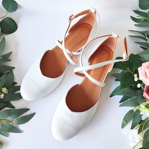 Romantic and Stylish White Leather Ballet Wedding Shoes, Bridal Flats, Round-toe Front with Cross Ankle Wrap Closure, Unforgettable Ceremony