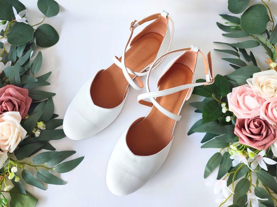 Romantic and Stylish White Leather Ballet Wedding Shoes, Bridal