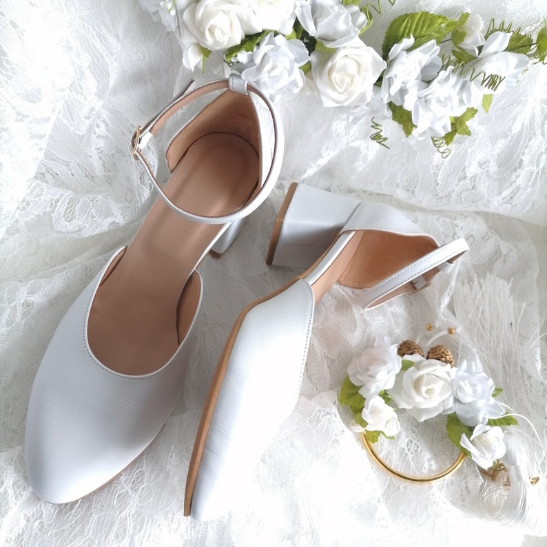 Low Block Heel Wedding Shoes, White Leather Pumps, Closed Toe Heels, Bridal Shoes, Ankle Wrap Heels, Wedding Pumps, Shoes Women Leather image 5