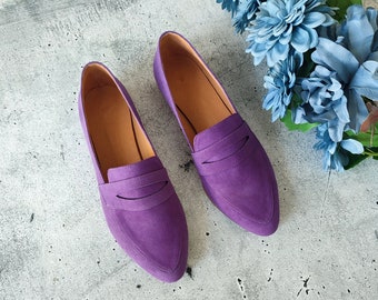 Women Purple Suede Loafers, Leather Slip-ons, Classic Pointed Toe Moccasins, Comfort Minimalistic Office Shoes, Designer Dress Loafers