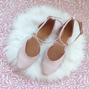 Fairytale Wedding, Blush Wedding Shoes, Bridal Cross-front Flats, Pink Leather Women's Ballerinas, Bridesmaids Dusty Rose Closed Toe Sandals