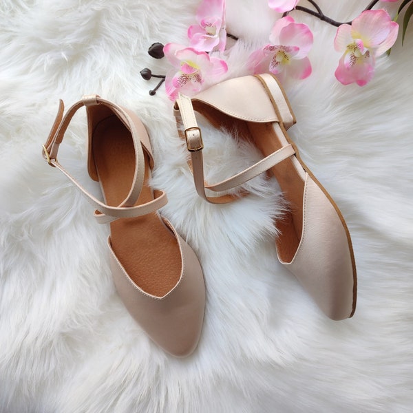 Ivory Satin Wedding Ballet Pumps, Cross-Front Straps With Ankle Closure, Beige Low Heel Wedding Shoes, Bride To Be, Garden Ceremony