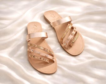 Sandalias de cuero color oro rosa para mujer, sandalias griegas de tiras hechas a mano, bailarinas minimalistas para novias, zapatos para vacaciones de verano, elegantes para ceremonias de boda.