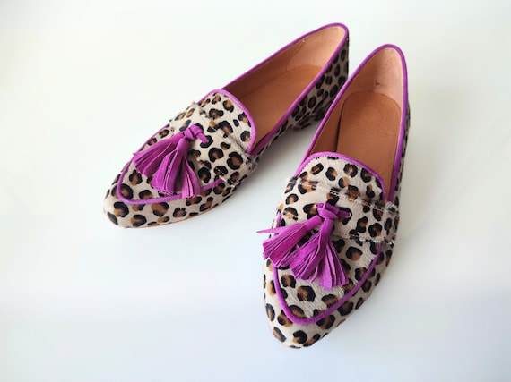 Leopard Calf Hair Slip on Flat Shoes for Women Fuchsia Leather Edge and Tassel Moccasins Stand out Footwear Fancy Animal Print Shoes Etsy