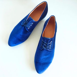 May include: A pair of blue velvet lace-up shoes with pointed toes.