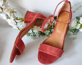 Summer Wedding Heel Bride, Ankle Strap Block Heel, Romantic Rust Strappy Sandals, Party Shoes, Rust Suede Sandals, Stylish Bridesmaids Shoes