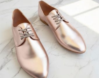 Rose Gold Metallic Oxford Shoes Women, Eco Leather Pointed Lace Up Party Shoes, Pink Gold Wedding, Handmade Sustainable Gown Flats