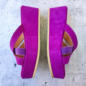 Women's Slip-On High Heel Wedges, Purple Leather Wedges, Suede Platform Sandals, Made in Greece, Cross-front Fashion Heels, Chunky Shoes image 8