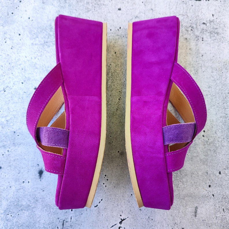 Women's Slip-On High Heel Wedges, Purple Leather Wedges, Suede Platform Sandals, Made in Greece, Cross-front Fashion Heels, Chunky Shoes image 8