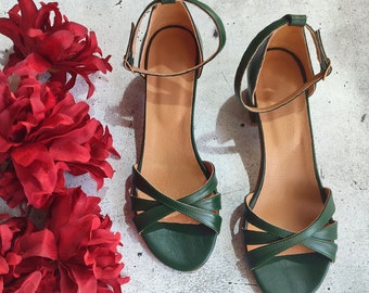 Green Leather Heeled Sandals, Elegant Strappy Mid Heel Shoes, Minimalist Women's Event Footwear, Comfortable Formal Designer Style