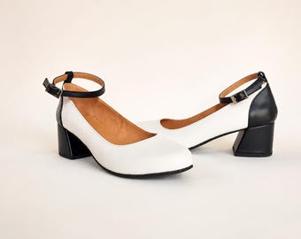 Two-tone Pumps, Smooth Leather Block Heels, White with Black Shoes, Ankle Closure Rounded-toe Pumps, Classic Comfort Women's Shoes