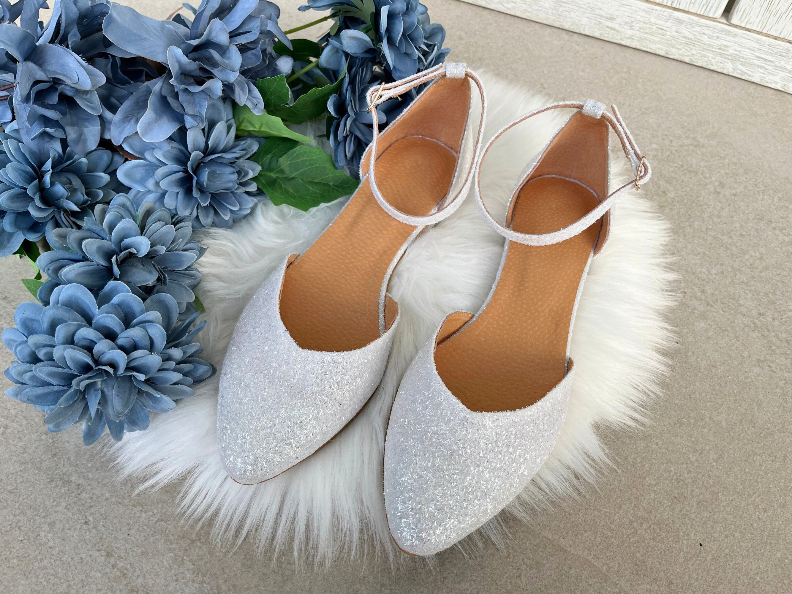 White Glitter Wedding Shoes, Sparkly Pointy Toe Flats With Ankle Strap — free download
