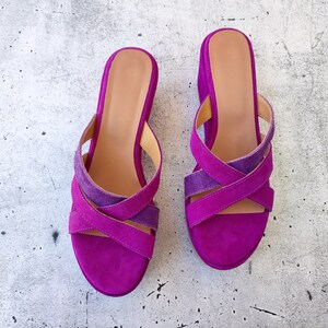 Women's Slip-On High Heel Wedges, Purple Leather Wedges, Suede Platform Sandals, Made in Greece, Cross-front Fashion Heels, Chunky Shoes image 7