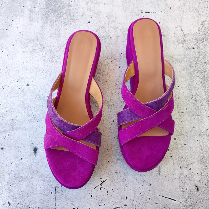 Women's Slip-On High Heel Wedges, Purple Leather Wedges, Suede Platform Sandals, Made in Greece, Cross-front Fashion Heels, Chunky Shoes image 7