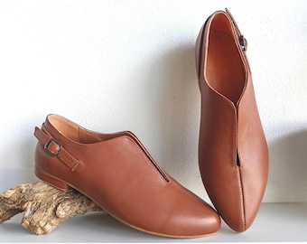 Chestnut Brown Slip-on Shoes, New Modern Cut Leather Flats, Women Leather Shoes, Comfortable Pointed Shoes, Cocoa Brown Leather, Dress Shoes