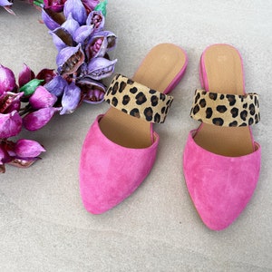Summer Style Dress Shoes, Mules For Women, Hot Pink Backless Loafers, Pink Suede And Animal Print, Leather Pointed Mules, Comfy Slip-ons
