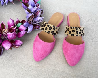 Summer Style Dress Shoes, Mules For Women, Hot Pink Backless Loafers, Pink Suede And Animal Print, Leather Pointed Mules, Comfy Slip-ons