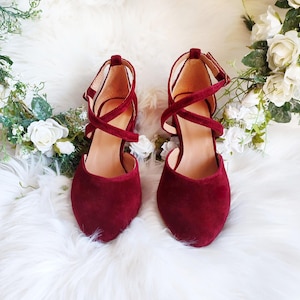 Red Wine Velvet Cross-front Wedding Gown Pumps, Bridal Block Heels, Ankle Wrap Closure, Wedding Party Shoes, Stunning Bride in Red Pumps