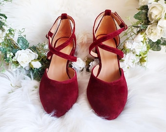 Red Wine Velvet Cross-front Wedding Gown Pumps, Bridal Block Heels, Ankle Wrap Closure, Wedding Party Shoes, Stunning Bride in Red Pumps