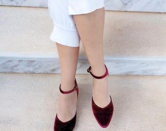 Burgundy Velvet Ankle Strap Flats, Pointed Toe Ballet Shoes, Elegant Minimalist Women's Footwear, Comfortable Designer Style
