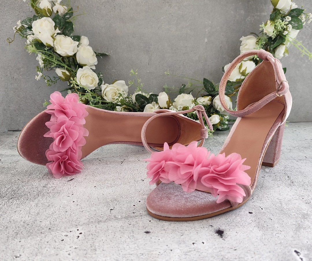 Blush Wedding Shoes, Velvet Sandals, Flower Heeled Sandals, Blush Dress