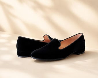 Women's Loafers In Black Velvet, Flat Shoes, Rounded Shoes, Comfortable Shoes, Autumn Season Shoes, Black Low Heel Shoes, Slip Ons Shoes