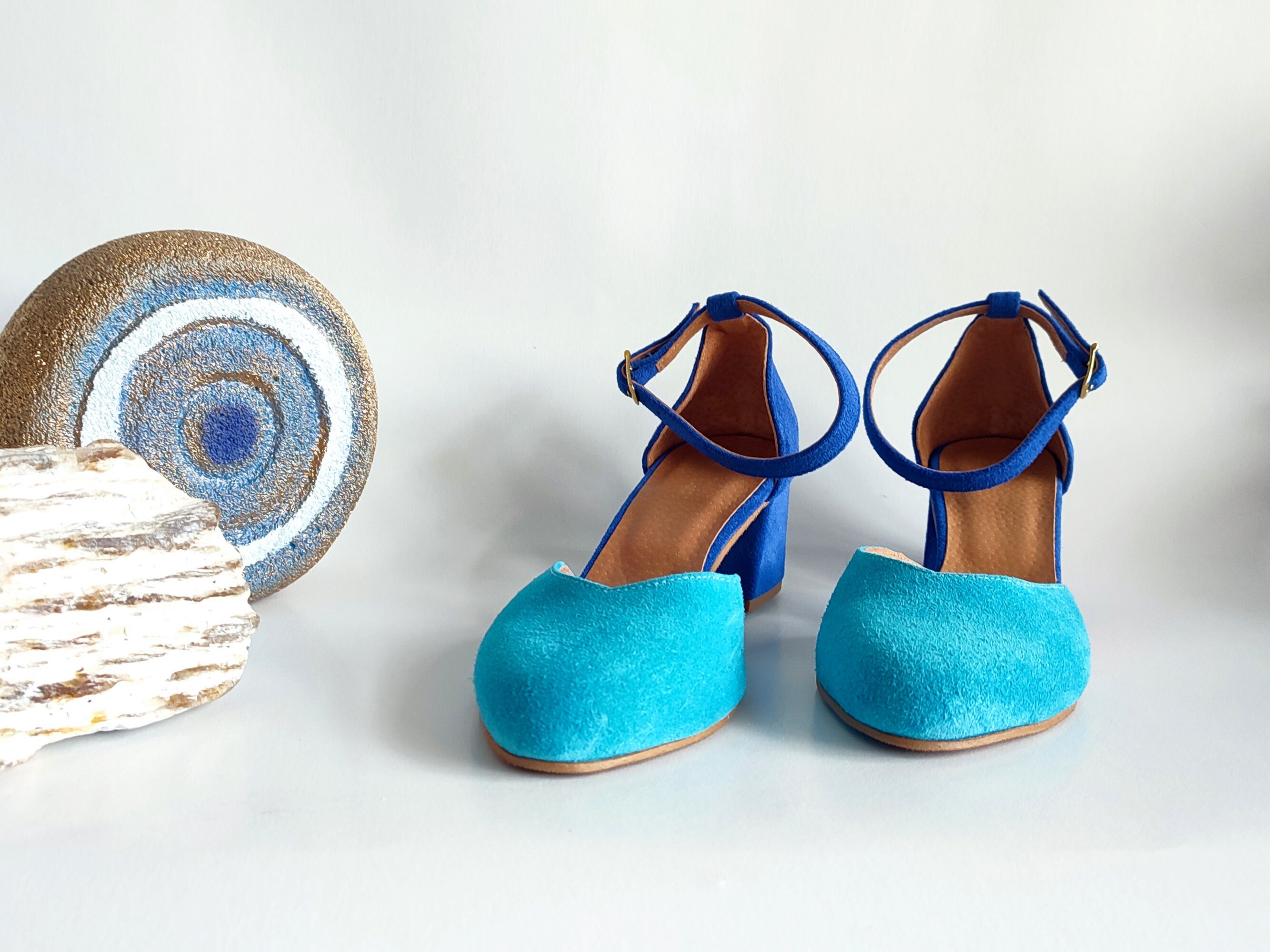Trendy Color Block Ankle Strap Heels, Suede Leather Pumps, Chunky Mid ...