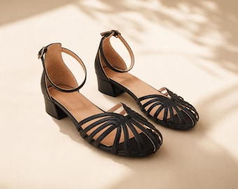 Black Leather Caged Sandals with Ankle Strap, 3cm Block Heel, Comfortable Dressy Pumps
