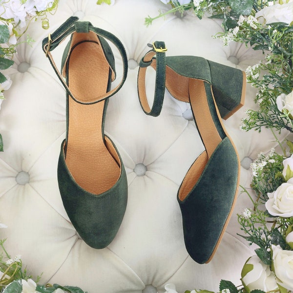 Sage Green Heels For Wedding, Celadon Green Velvet Women's Bridal Shoes, Velvet Heels, Medium Heeled Pump Shoes With Ankle Strap Buckle