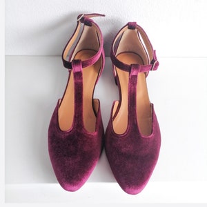 Dark Burgundy Velvet T-Strap Flat Shoes, Timeless Style Shoes, Velvet Ballet Pumps With Ankle Closure, Swing Dance Shoes, Various Occasions