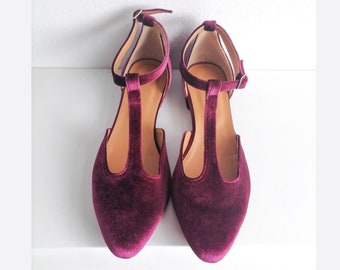 Dark Burgundy Velvet T-Strap Flat Shoes, Timeless Style Shoes, Velvet Ballet Pumps With Ankle Closure, Swing Dance Shoes, Various Occasions