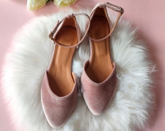 Blush Velvet Women Bridal Shoes, Dusty Rose Flats For Bride, Ballerinas Shoes With Ankle Strap, Pointy Toe Shoe, Women's Closed-toe Sandals