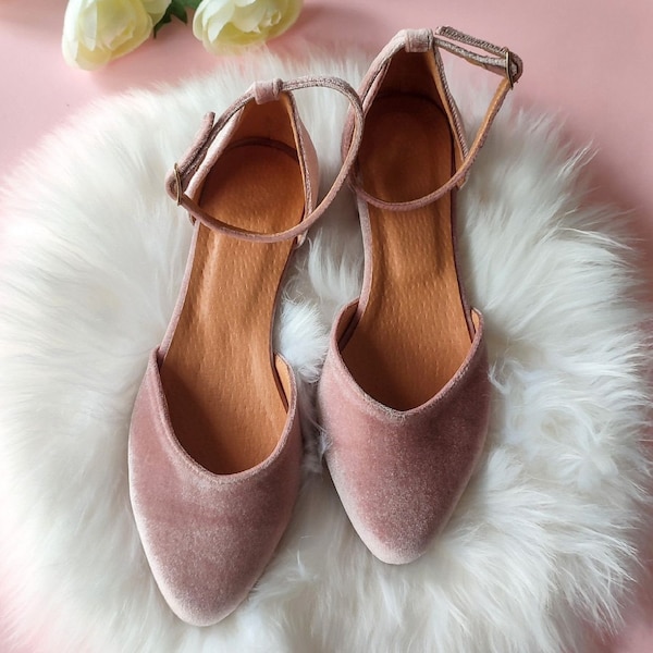 Blush Velvet Women Bridal Shoes, Dusty Rose Flats For Bride, Ballerinas Shoes With Ankle Strap, Pointy Toe Shoe, Women's Closed-toe Sandals