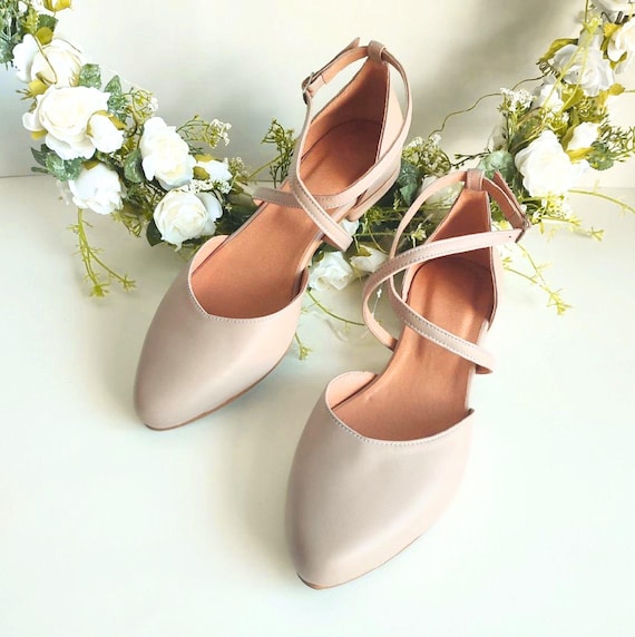 Marriage Flat Shoes Cross front Strap Closure Wedding Pointy Ballet Pumps Comfortable Bride Shoes Nude Beige Leather Mother of Bride Etsy