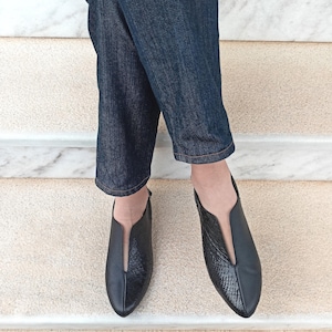 New Trendy Ladies Shoes, Modern Cut Leather Shoes, Two Textures Of Black Leather, Slip Ons For Women, Flat Pointed Shoes, Comfy Dress Shoes