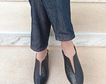 New Trendy Ladies Shoes, Modern Cut Leather Shoes, Two Textures Of Black Leather, Slip Ons For Women, Flat Pointed Shoes, Comfy Dress Shoes