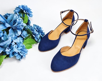 V-Cut Pointed Toe Blue Evening Heels, Dark Blue Suede Ankle Strap Pumps, Comfy Medium Heels, Blue Leather Evening Pumps, Dress to Impress