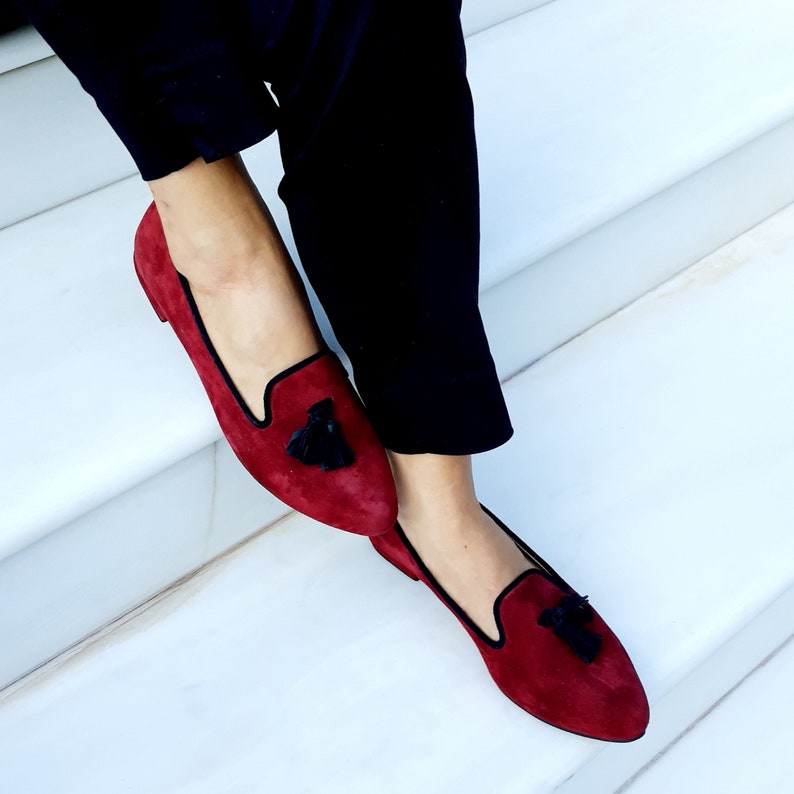 Women's Loafers, Black Suede Tassel Moccasins, Almond-toe Slip-ons, Casual Low Heeled Shoes, Stylish Everyday Woman, Formal Business Shoes image 9