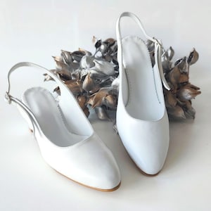 Handmade White Leather Slingback Heels, Chic Women&#39;s 6cm Block Heel Shoes, Bridal Pumps, All-Season Wedding Comfortable Dress Footwear