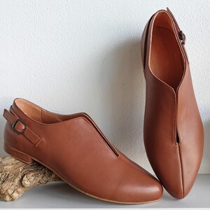 Chestnut Brown Slip on Shoes New Modern Cut Leather Flats Women