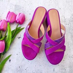 Women's Slip-On High Heel Wedges, Purple Leather Wedges, Suede Platform Sandals, Made in Greece, Cross-front Fashion Heels, Chunky Shoes image 6