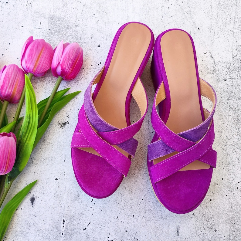 Women's Slip-On High Heel Wedges, Purple Leather Wedges, Suede Platform Sandals, Made in Greece, Cross-front Fashion Heels, Chunky Shoes image 6