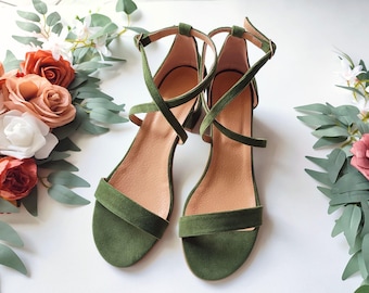 Light Olive Green Velvet Wedding Shoes, Cross Front Closure, Sage Green Mid Block Sandals, Bridal Velvet Heels, Maid of Honor Shoes