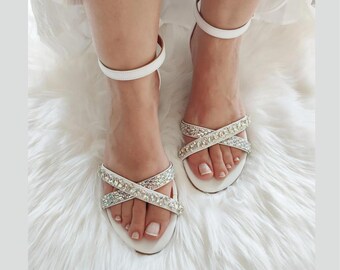 White Wedding Sandals, Sparkling Mid Heel Open Toe Bridal Shoes, Cross-front Strappy Sandals, Chic and Romantic, Wedding Party Heels