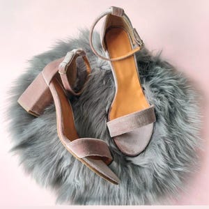 Maid of Honor Shoes, Velvet Blush Wedding Shoes, Light Pink Sandals, Bride To Be Block Heels, Ankle Wrap Shoes, Charming Pink High Heels
