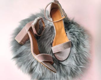 Maid of Honor Shoes, Velvet Blush Wedding Shoes, Light Pink Sandals, Bride To Be Block Heels, Ankle Wrap Shoes, Charming Pink High Heels