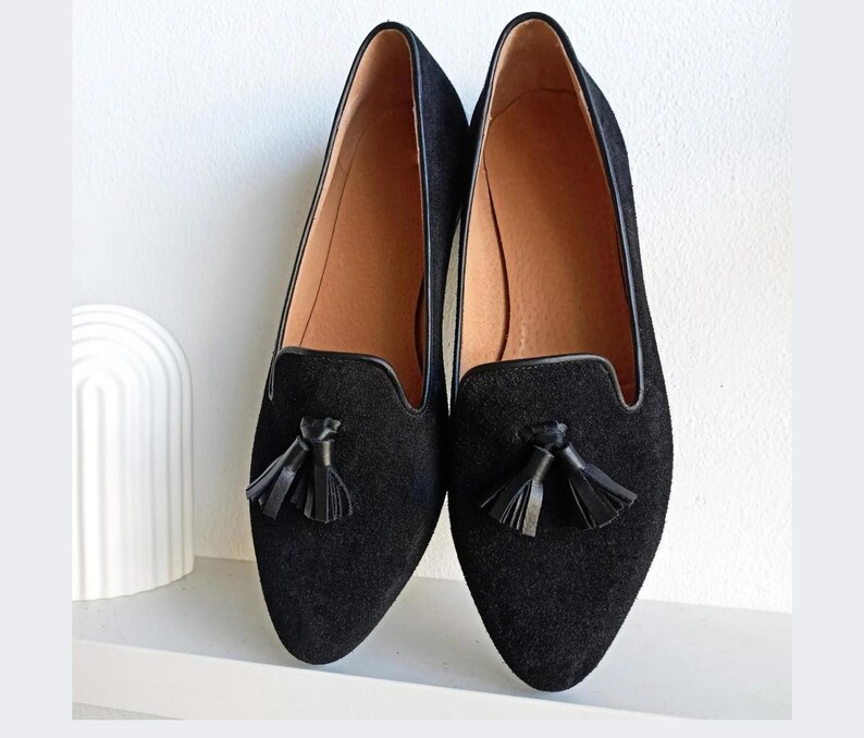 Women's Loafers, Black Suede Tassel Moccasins, Almond-toe Slip-ons, Casual Low Heeled Shoes, Stylish Everyday Woman, Formal Business Shoes image 2