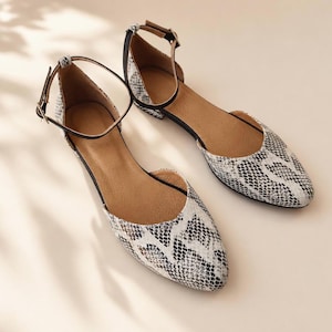 Snake Print Leather Ankle Strap Flats, Handmade Pointed Toe D'orsay Shoes, Python Pattern Resort Footwear