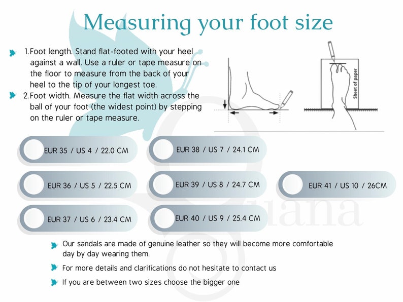 K&ouml;nnte beinhalten: Eine Anleitung zum Messen Ihrer Fu&szlig;gr&ouml;&szlig;e f&uuml;r Sandalen. Die Anleitung enth&auml;lt ein Diagramm, das zeigt, wie Sie die Fu&szlig;l&auml;nge und -breite messen. Au&szlig;erdem enth&auml;lt sie eine Tabelle mit europ&auml;ischen und US-Schuhgr&ouml;&szlig;en und den entsprechenden Fu&szlig;l&auml;ngen in Zentimetern.