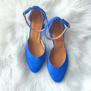 Blue Royal Suede Block Heels, Blue Leather Shoes, Block Heel Pumps, Handmade Suede Pumps, Blue Heels, Pointed Toe Pumps, Something Blue